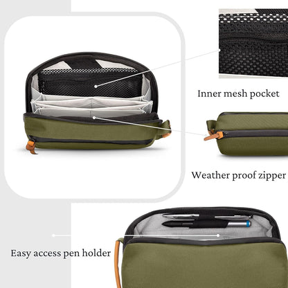 Tech Bag Organizer - Small Electronics Organizer Pouch for Travel - Premium Travel Case with Leather Accents - Mesh Pocket for Cables, Cords and Chargers (Black)