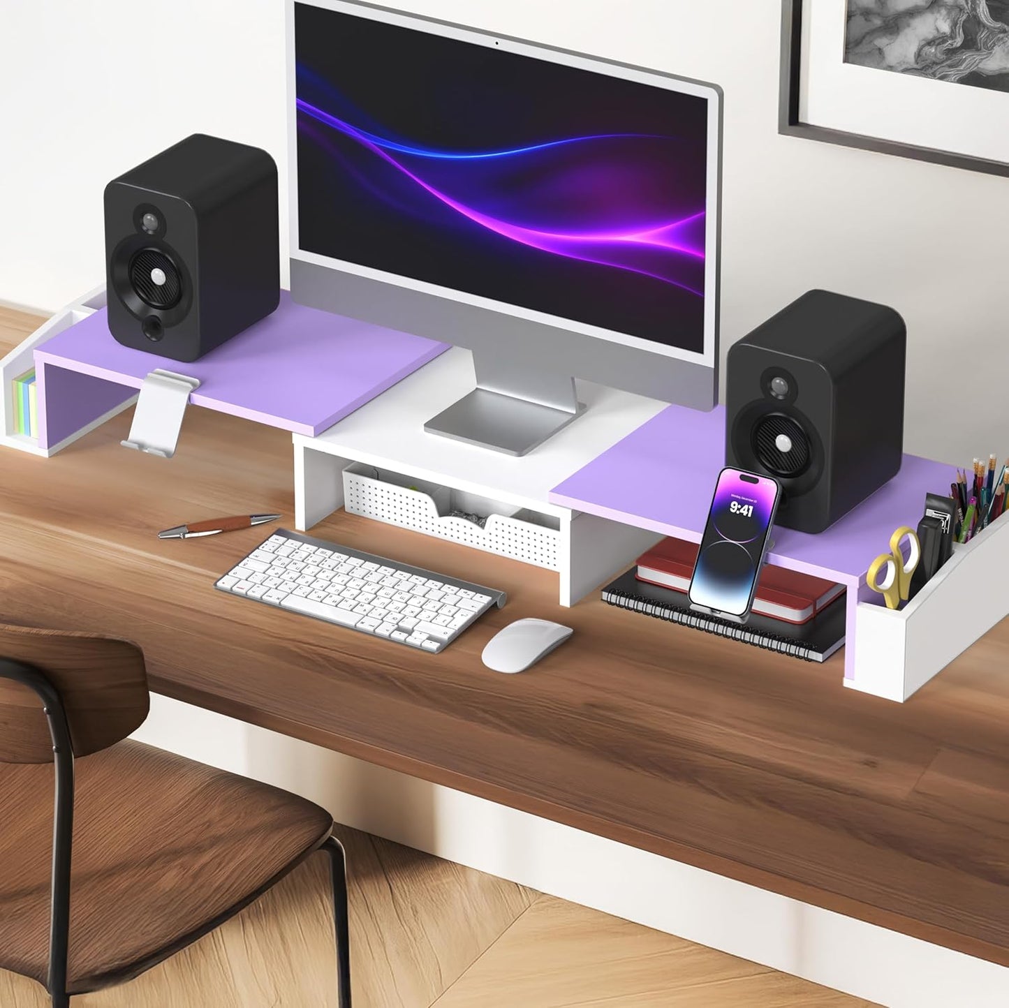 Simple Houseware Desk Dual Monitor Stand Riser with Drawer, Rustic Brown