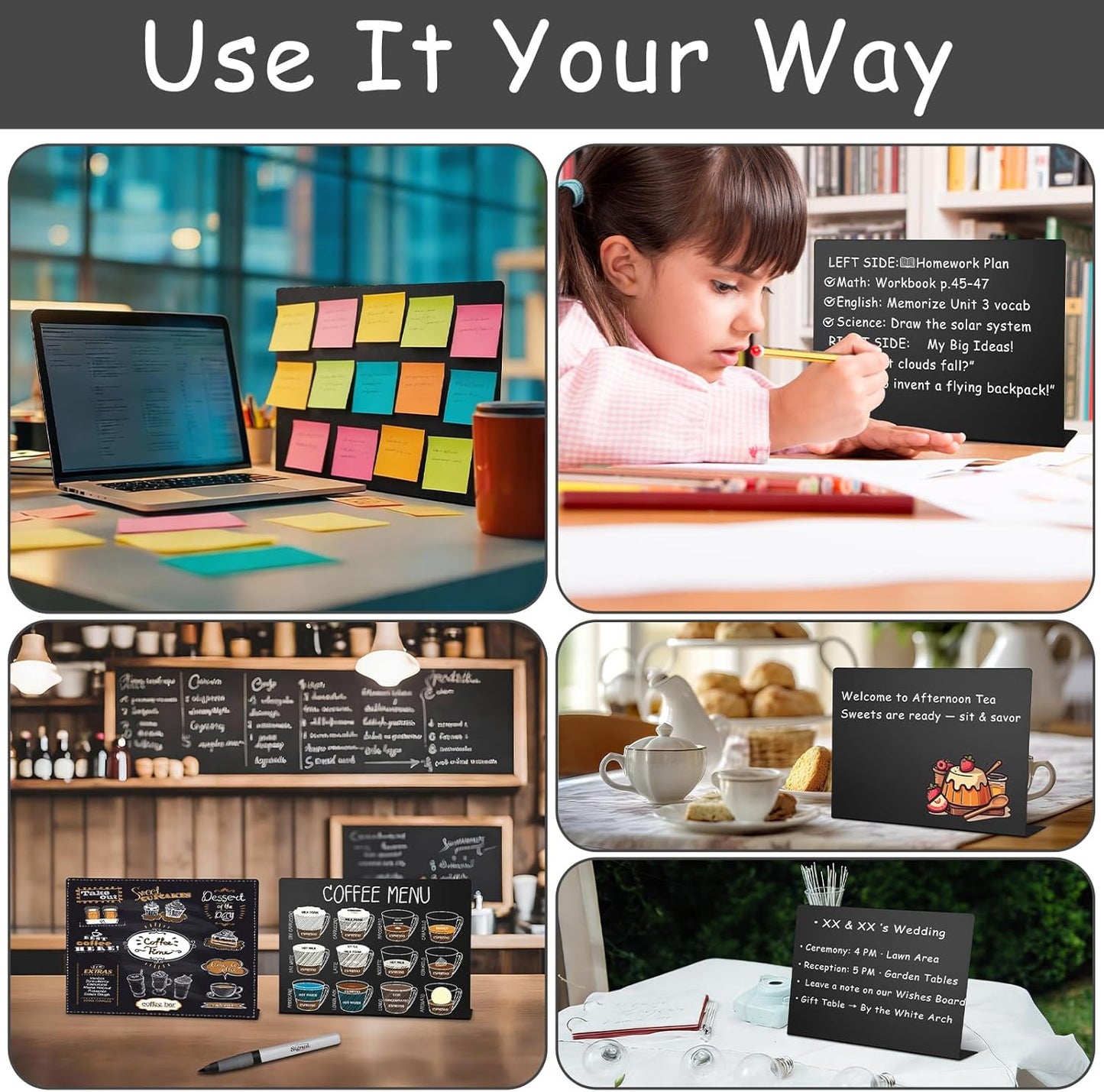 Geyoga 2 Pack Magnetic Bulletin Board with Stand, 16 x 12 Inch Black Magnet Display Board for Memo, Menu, Notes, Photos, for Kitchen Countertop, Office Desk, School