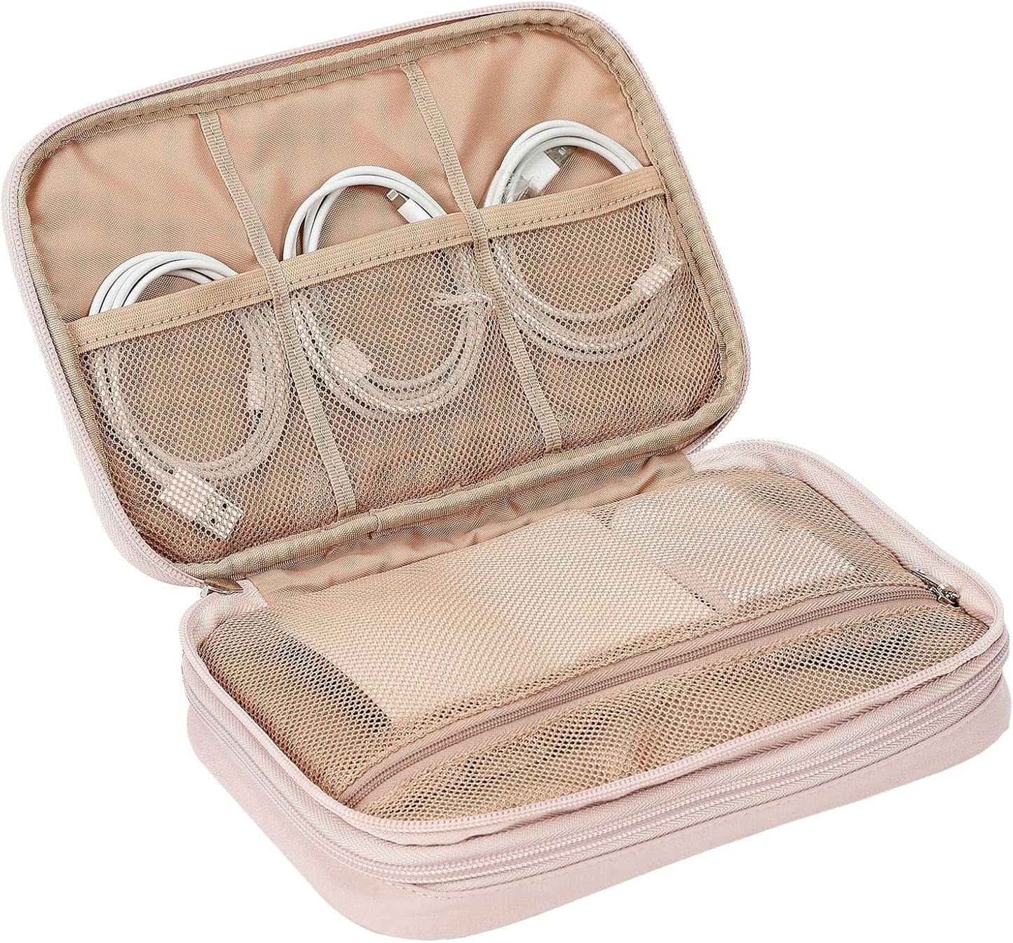 NISHEL Travel Cord Organizer Case, Double Layers Tech Electronic Bag, Essentials for Charger, Cable, Phone, Flash drive, Medium, Pink