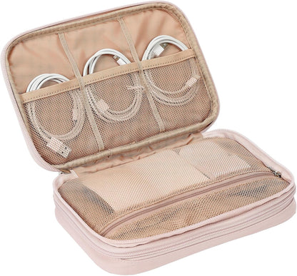 NISHEL Travel Cord Organizer Case, Double Layers Tech Electronic Bag, Essentials for Charger, Cable, Phone, Flash drive, Medium, Pink