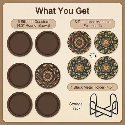 Absorbent Coasters for Drinks with Holder - 6packs, Silicone Coaster with Soft Felt Insert, Black (Coasters with Holder, Black)
