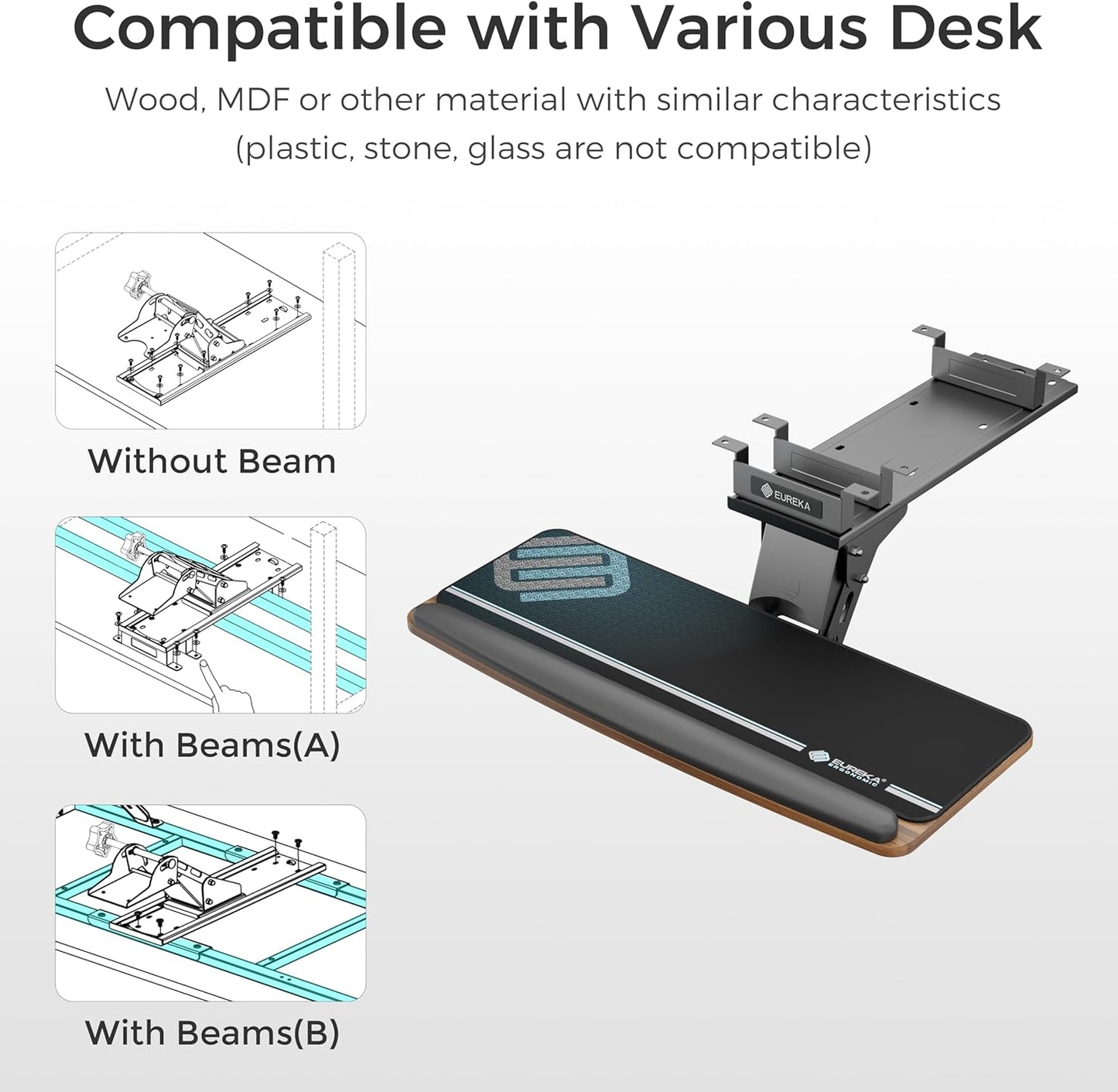EUREKA ERGONOMIC Height Adjustable Mouse & Keyboard Tray Under Desk, 28x10'' Large Slide Out Swivel Tilt Computer Keyboard Drawer with Pad for Gaming Home Office, Dual Mount