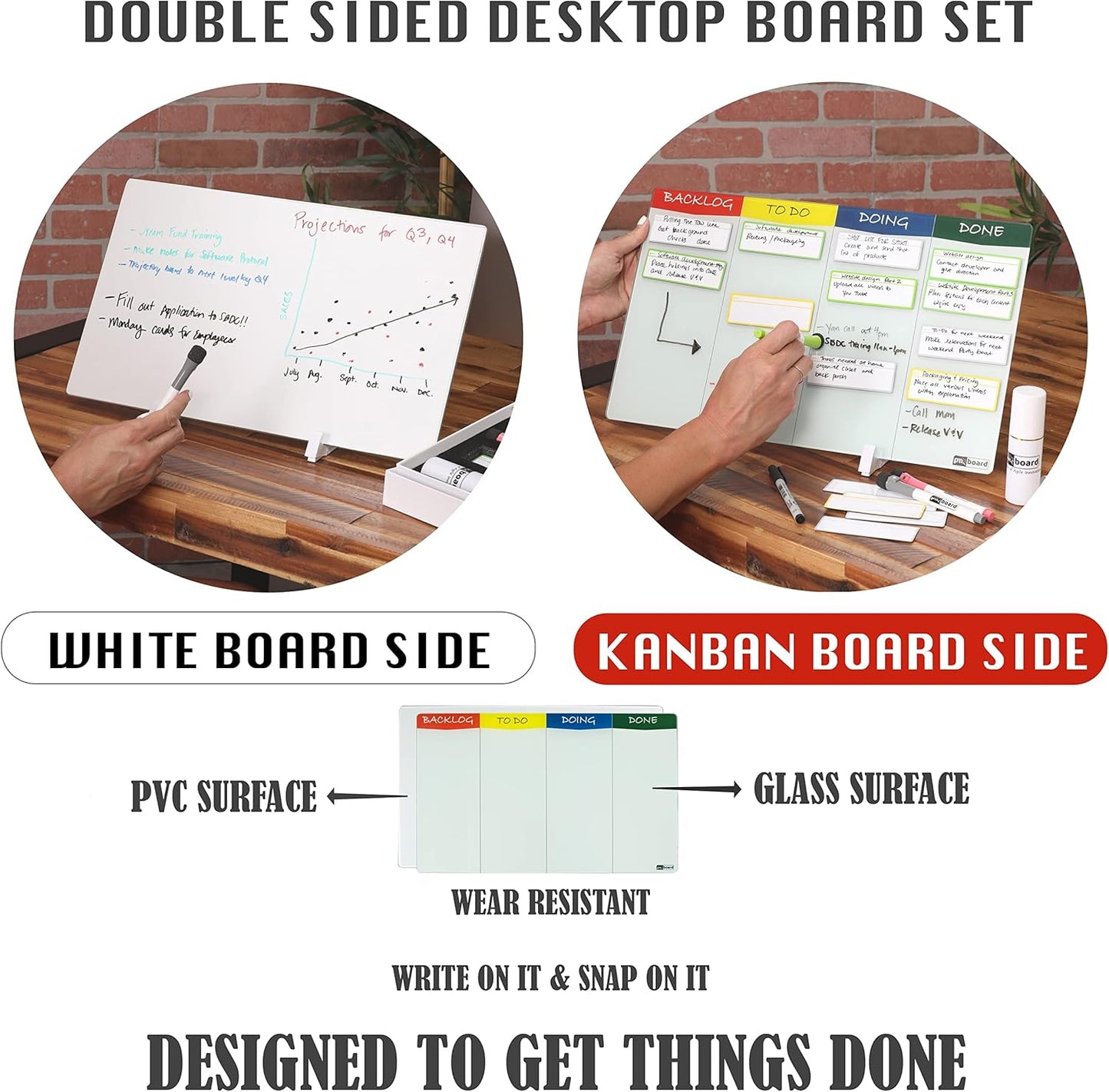 Desktop Kanban Board & Whiteboard (Double-Sided) 18” x 11” Glass Dry Erase Board with Stand, 24 Reusable Task Cards, 6 Markers – Scrum Agile Project Management Desk Planner