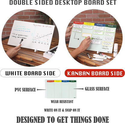 Desktop Kanban Board & Whiteboard (Double-Sided) 18” x 11” Glass Dry Erase Board with Stand, 24 Reusable Task Cards, 6 Markers – Scrum Agile Project Management Desk Planner