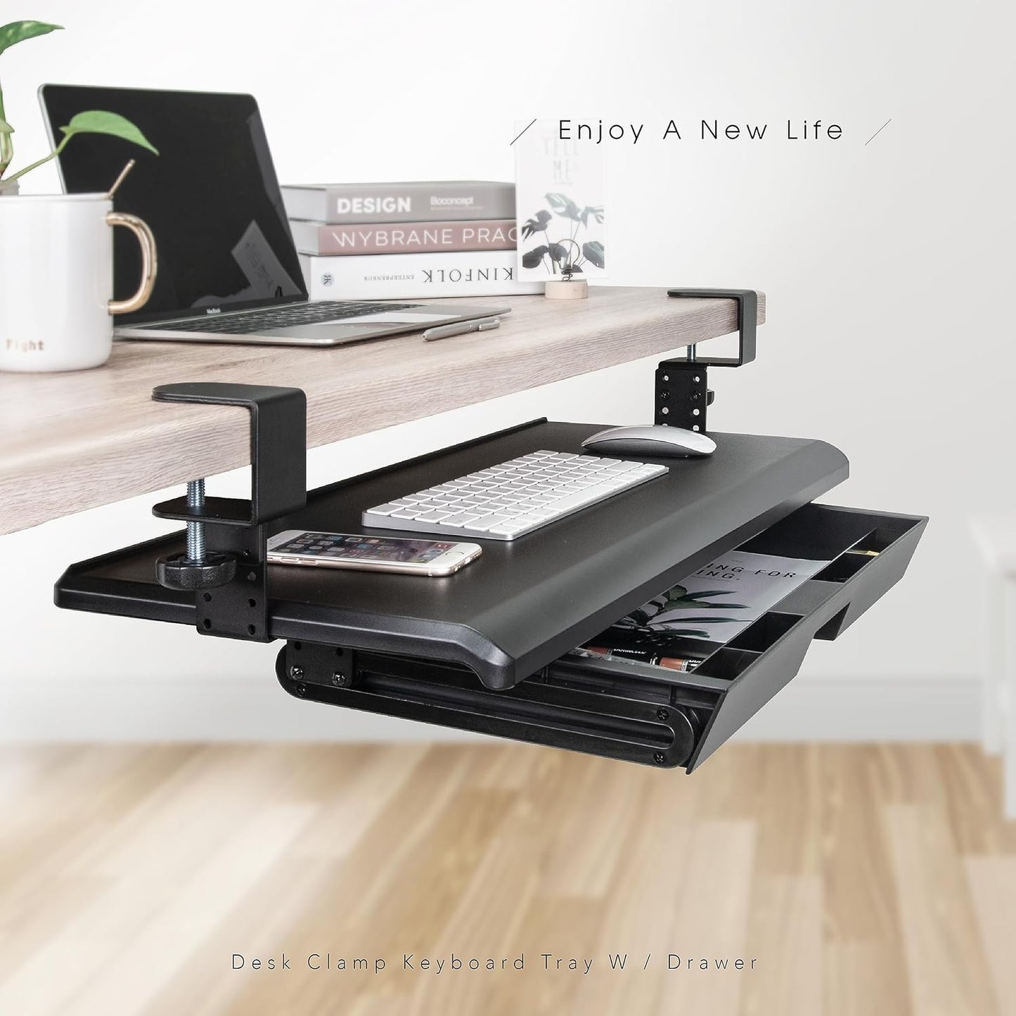 EHO Large Ergonomic C-Clamp Keyboard Tray Mount Under Desk with Wrist Rest, Slide-Out Platform 27.5" (31.8" Including Clamps) x 12.5", Pull Out Keyboard & Mouse Tray for Home or Office, Black