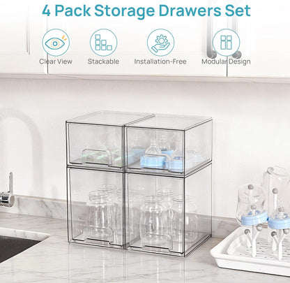 Vtopmart Stackable Storage Drawers Set of 3,Clear Plastic Organizer Bins for Makeup, Cosmetics, Beauty Supplies,Ideal for Vanity, Bathroom,Cabinet,Pantry Organization