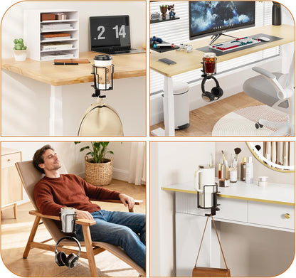 Large Desk Cup Holder, 2-in-1 Clip On Cup Holder with Headphone Hook, Heavy-Duty Metal Drink Holder for Insulated Tumblers, Big Water Bottles, Fits Office Desk Organizer, Dorm, Gaming Setup (1 Pack)