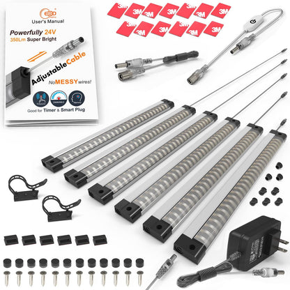 EBD LED Light Bar Built-in Adjustable Cable 12 Pcs Corner Input Under-Counter Light fixtures Work Bench linkable Touch Lights 3000K 5400 Lm Super Bright for Pantry Garage Shelves Closet Shelf