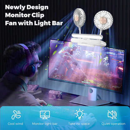 USB Monitor Clip on Fan via Flip-Open LED Light Bar, Two-Head Personal Cooling desktop Laptop Quiet USB Fan for Office, 3 Wind Speeds, for Flat, Curved Monitors (Deepsea Blue)