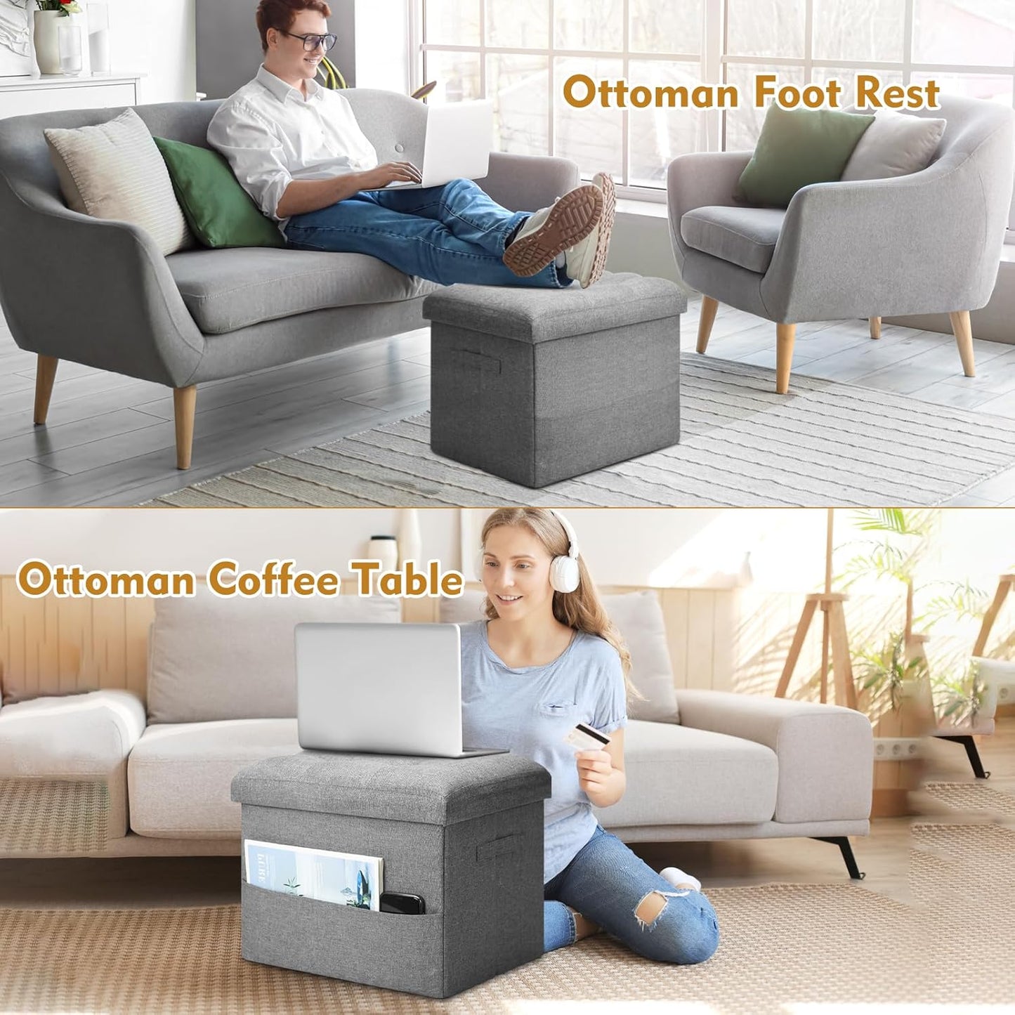 Storage Ottoman with Extra Thick Foam Padded Seat, Foldable Foot Rest Stool with Linen Fabric, 43L Ottoman with Storage Bench for Bedroom Living Room, Holds Up to 300lbs, 17x13x13in, Dark Gray