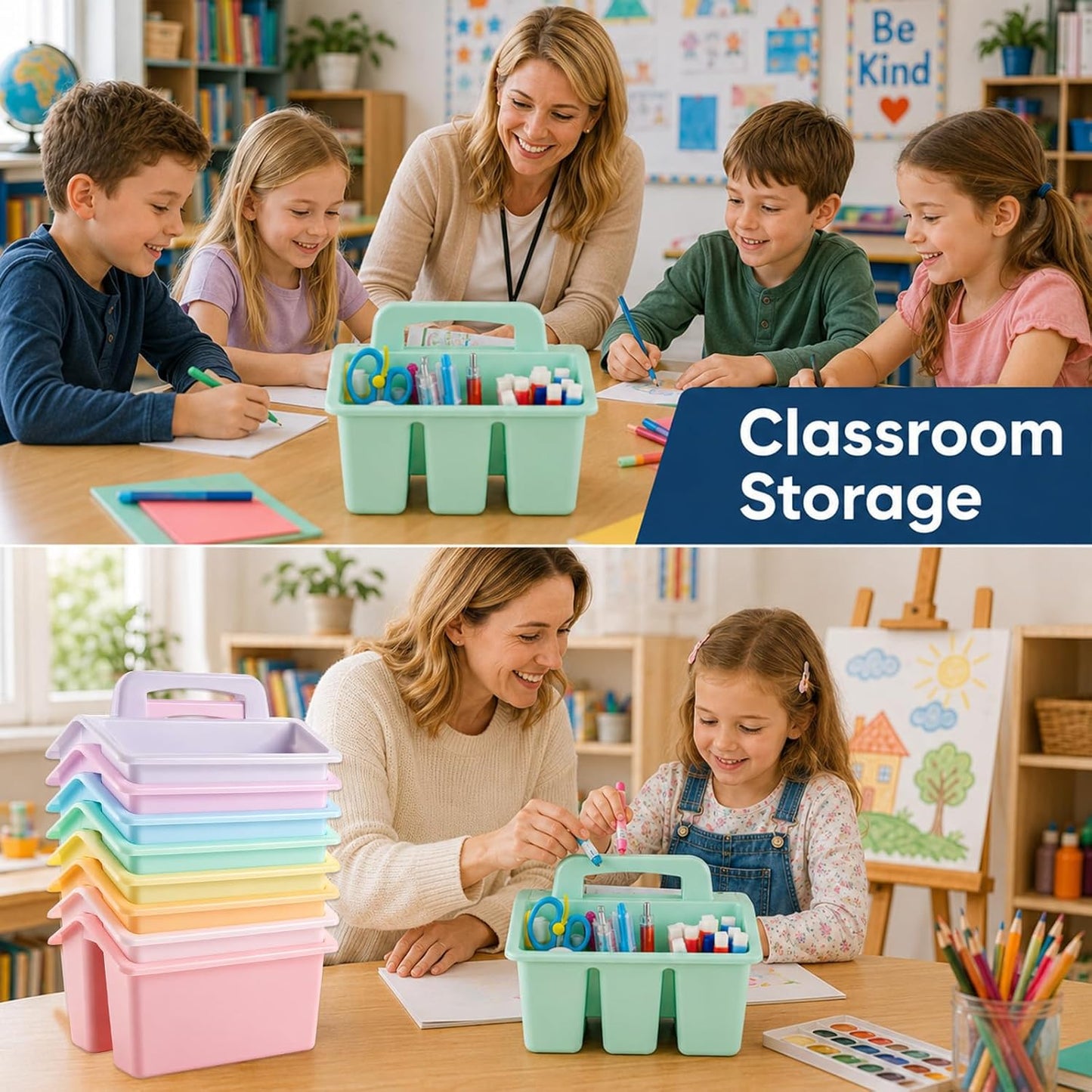 gisgfim 8 Pack Classroom Caddy Storage Basket with Handle 4 Compartment Storage Caddy Plastic Arts Crafts Caddies Protable Classroom Craft Caddies for Kids Schools Art Craft Supplies(Pastel)