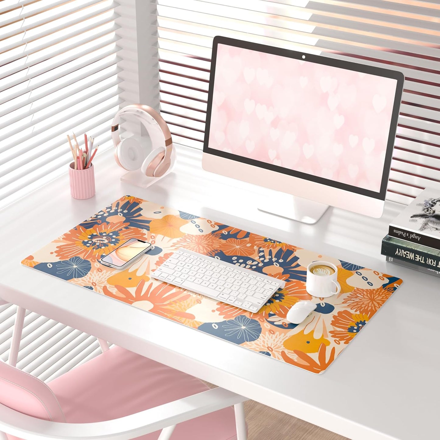 QIYI Large Mouse Pad, Cute Pink Desk Mat for Desktop, Women Girls PU Leather Desk Pad Waterproof Gaming Mousepad, Rose Gold Marble Computer Protector Writing Pad for School Office Home 31.5" x 15.7"