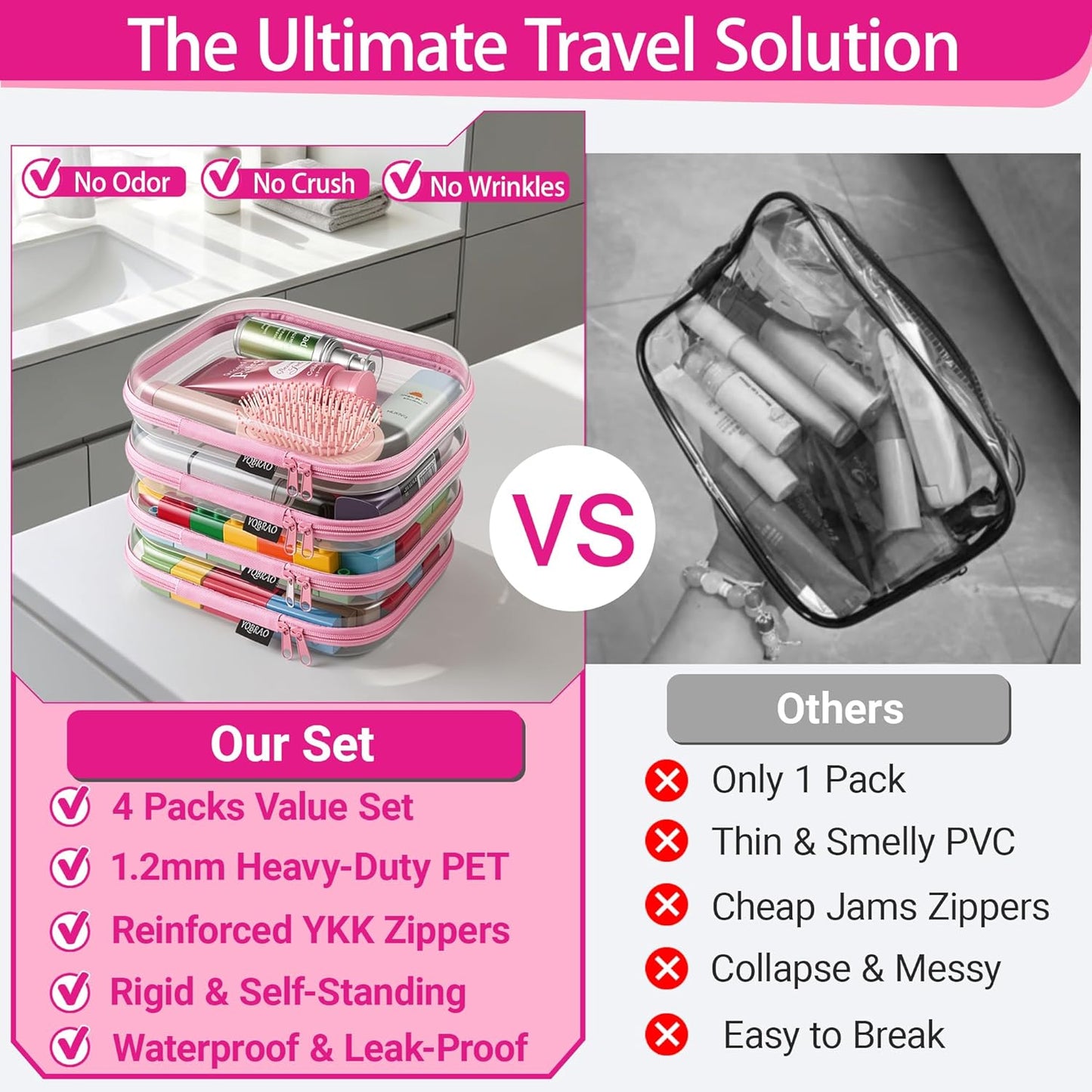 YQBRAO 6 Pack Clear Hard Shell Zipper Case, 1.2mm Heavy Duty Crush-Proof Diaper Bag Organizer Pouches, TSA Approved Travel Makeup Bag for Toiletries & Electronics, (2L, 2M, 2S) Multi-Size Storage Set