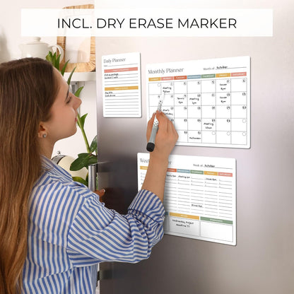 Beautiful Magnetic Dry Erase Calendar Set of 3 - Easy-to-Erase Whiteboard with Marker & Premium Magnet for Your Fridge - The Perfect Weekly and Monthly White Board Organizer for Everyday Planning