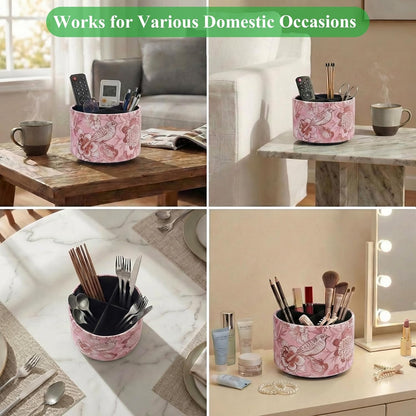 Round Leather Art Supply Organizer,Remote Control Holder,360 Degree Rotating,Multi-Functional Pencil Holder,4 Compartments Desktop Stationary Organizer(1-Fractal Flower) | Round - Colors C