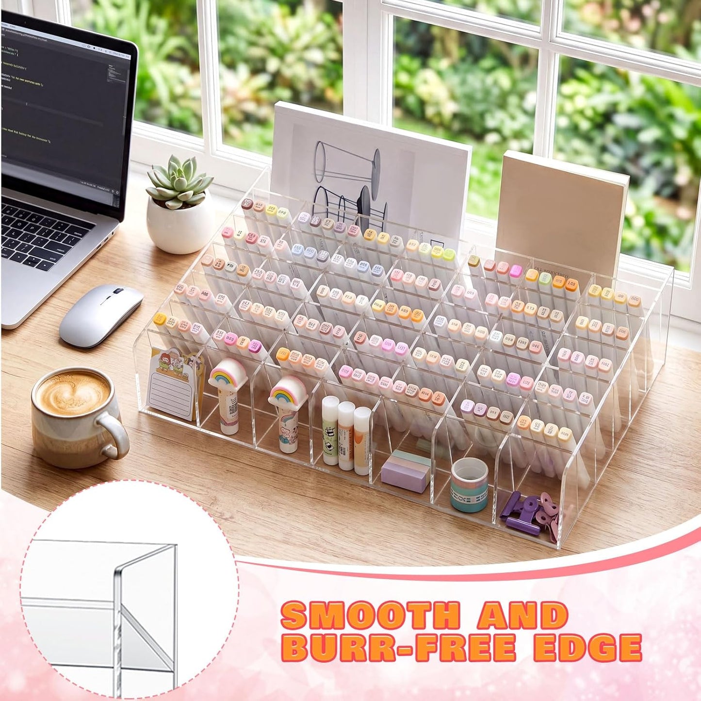 MotiMind Acrylic Pen Organizer Storage for 250 Markers Vertical Marker Organizer Acrylic Pen Display Holder for Office Desk Desktop Stationery Pencil Storage, Clear, 13 x 4 x 12.4 Inch