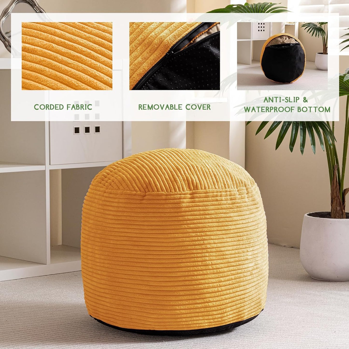 HIGOGOGO Round Stuffed Pouf Ottoman, Corduroy Poufs with Foam Chunk Filling, Furry and Fluffy Pouf Foot Stool Storage Ottoman, 20 X 15 Floor Poufs Foot Rest for Living Room, Dark Grey