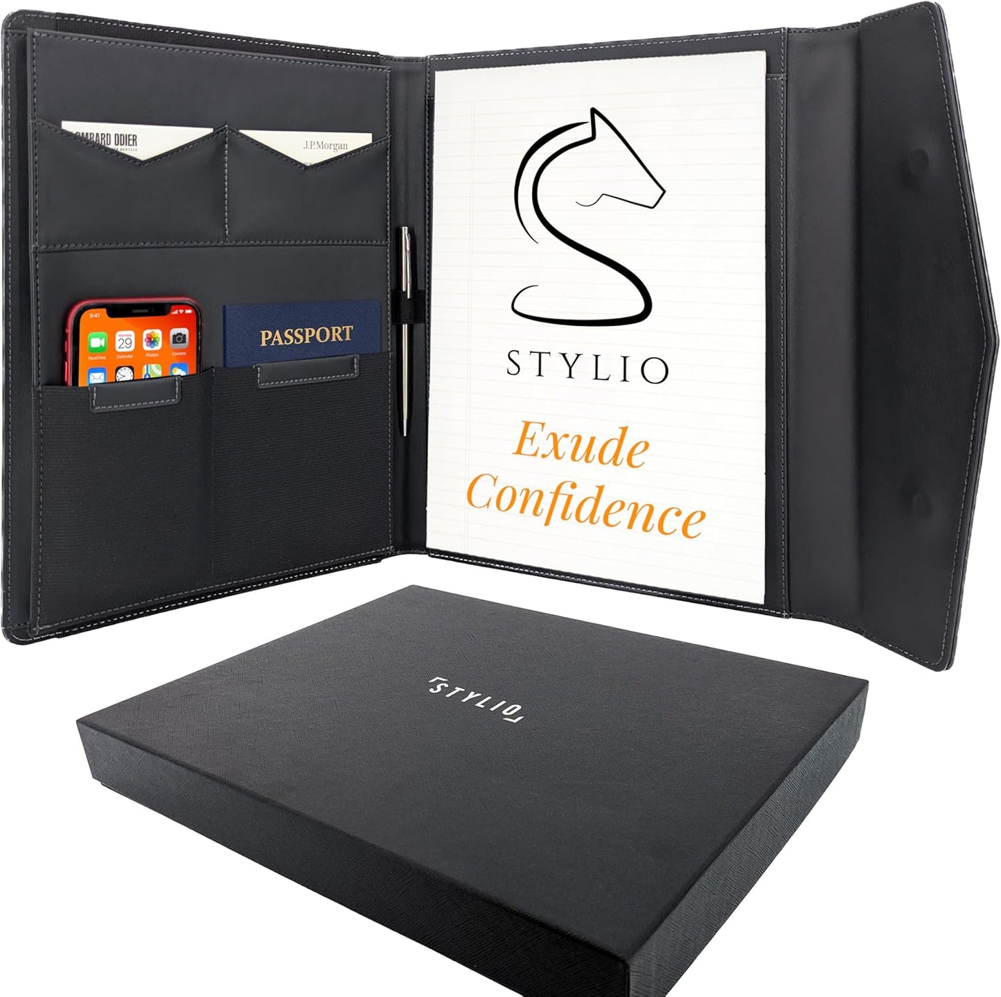 STYLIO Padfolio Portfolio Organizer Binder | Interview Resume Folder, Legal Document, Business Card Holder |w/Letter-Sized Notepad | Handsome Piano Noir Faux Leather Folio Matte Finish, Accent Stitch