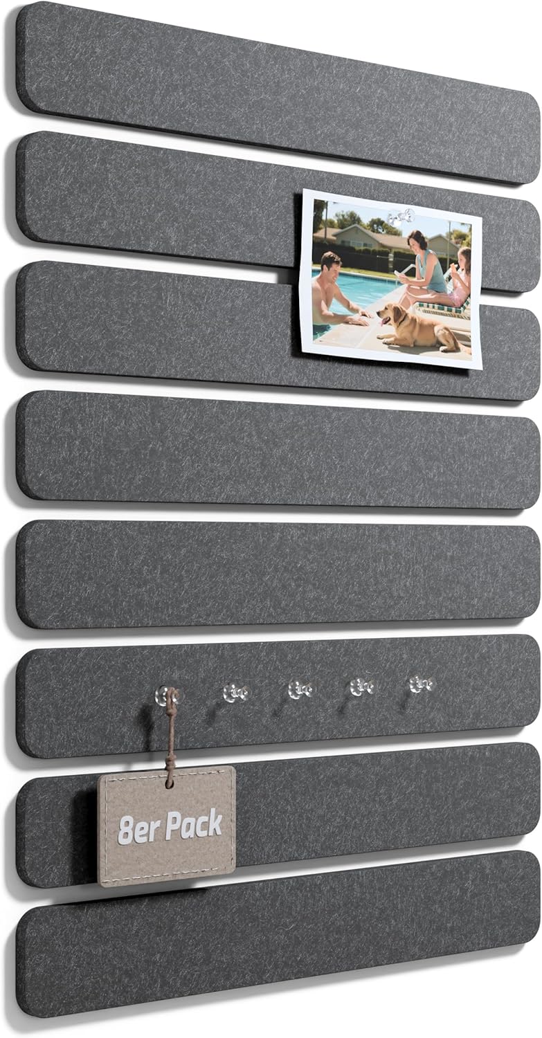 Fluxynara Cork Board Alternative Felt Strip Board 8-Pack 13"x2", Office Pin Board with 50 Push Pins, Adhesive Install for Bedroom Door & Home Office(Linen Dusk)