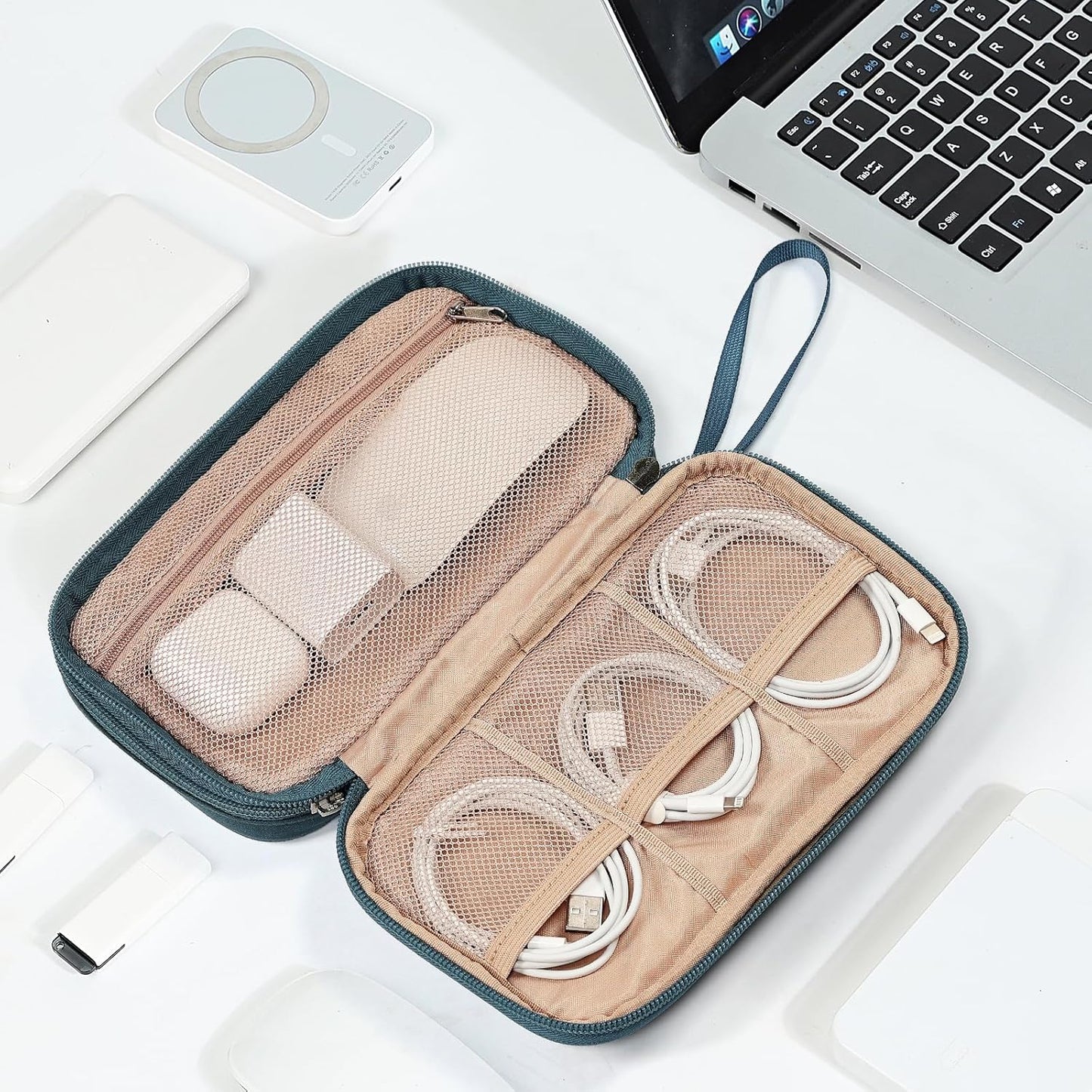 NISHEL Travel Cord Organizer Case, Double Layers Tech Electronic Bag, Essentials for Charger, Cable, Phone, Flash drive, Medium, Pink