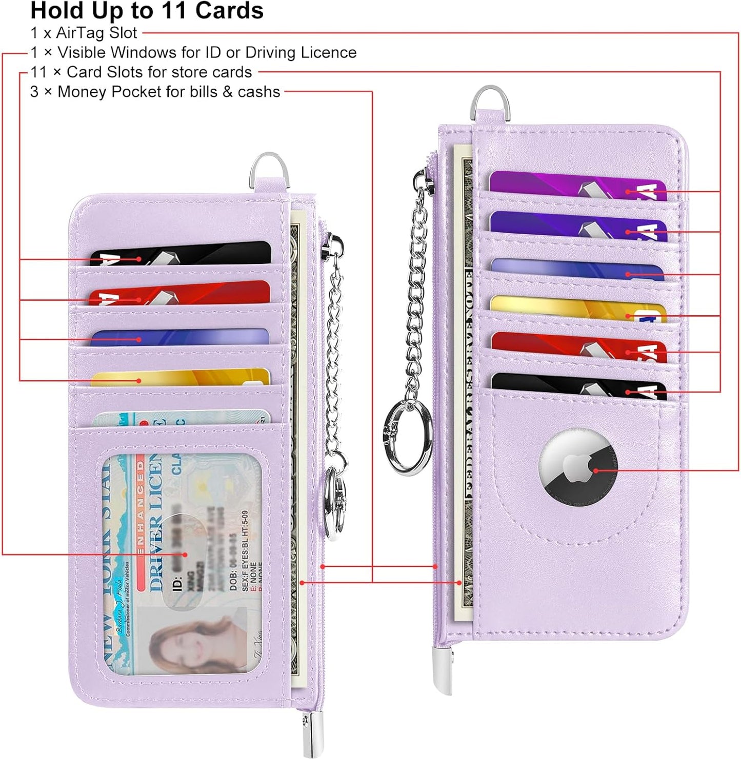RFID Blocking Slim Credit Card Holder Wallet with Zipper Money Pocket & Keychain, Slim Airtag Wallet for Men Women