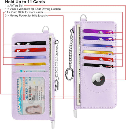 RFID Blocking Slim Credit Card Holder Wallet with Zipper Money Pocket & Keychain, Slim Airtag Wallet for Men Women