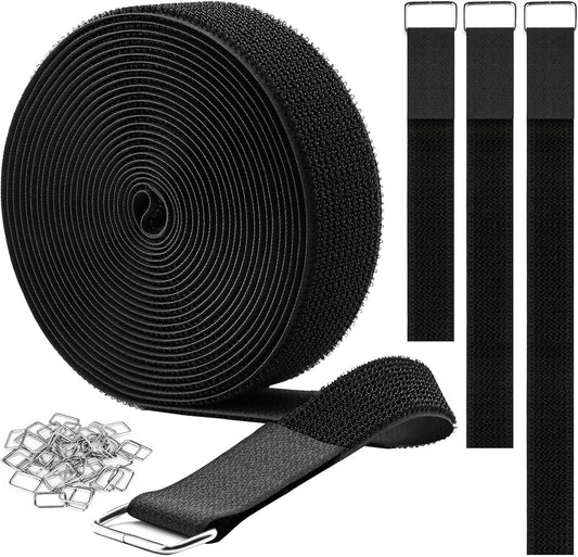 YMCRLUX 1"x32ft Hook and Loop Straps with 50 Metal Buckles, Adjustable Fastening Cable Straps, Cut-to-Length Cinch Strap, Reusable Nylon Securing Cord Ties for Organizer or Storage, 1 inch Wide, Black