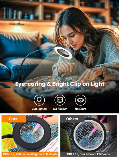 10X Magnifying Glass with Light,5 Colors+10 Brightness Reading Lamp,58 LED Magnifier with Light,750 Lumen Lighted Magnifying Glass for Reading,Clip on Lamp for Desk/Bed/Work/Nail [Adapter]