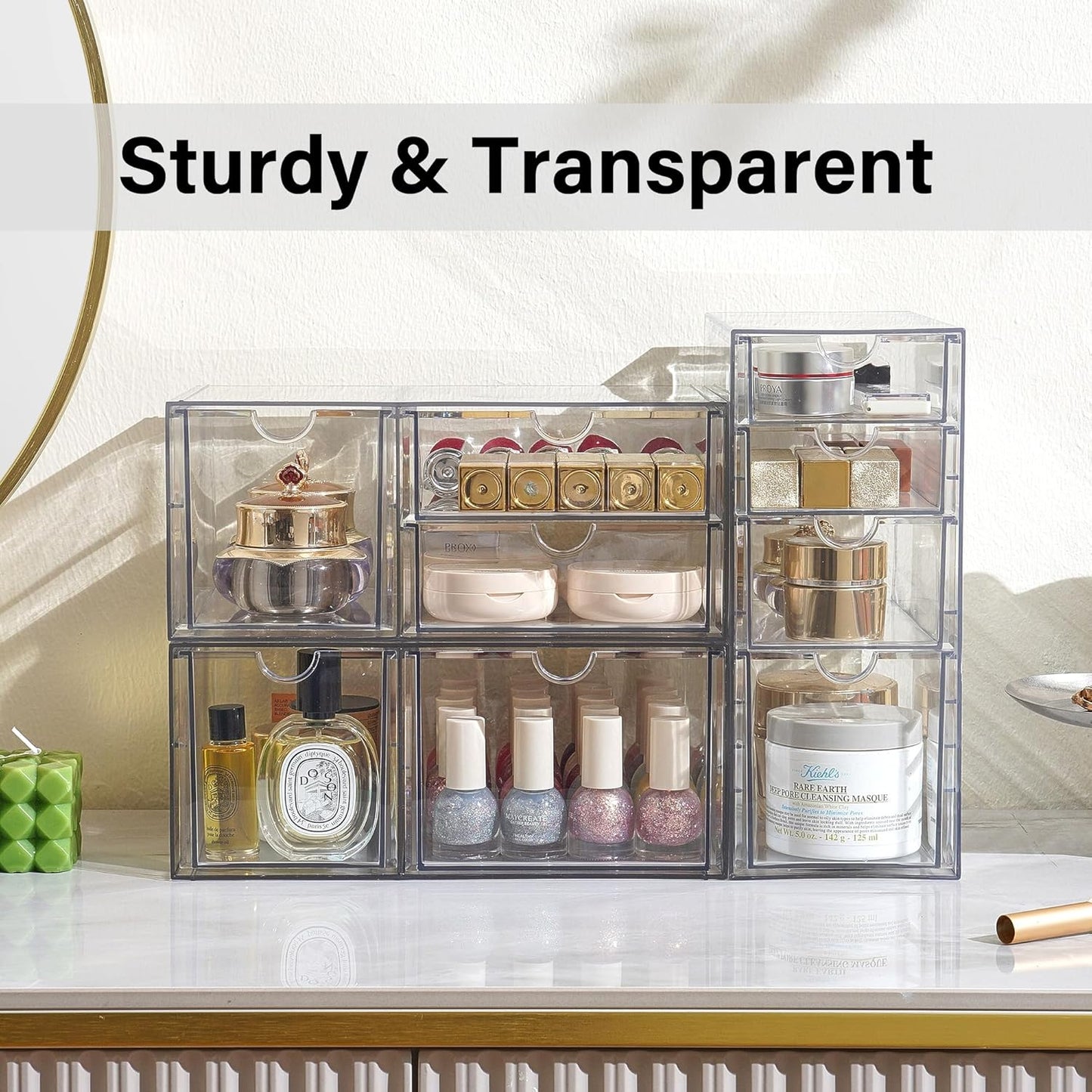 Prsildan Acrylic Drawer Makeup Organizer with 6 Drawers (Not for Baby Bottle), Set of 2 Office Desk Organizers Accessories, Clear Stackable Storage Drawers for Vanity, Craft (Largest Drawer 4" Tall)