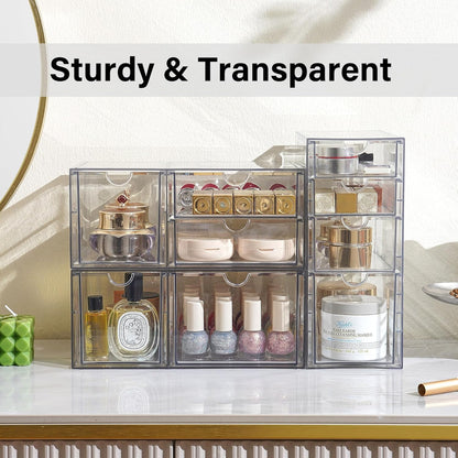 Prsildan Acrylic Drawer Makeup Organizer with 6 Drawers (Not for Baby Bottle), Set of 2 Office Desk Organizers Accessories, Clear Stackable Storage Drawers for Vanity, Craft (Largest Drawer 4" Tall)