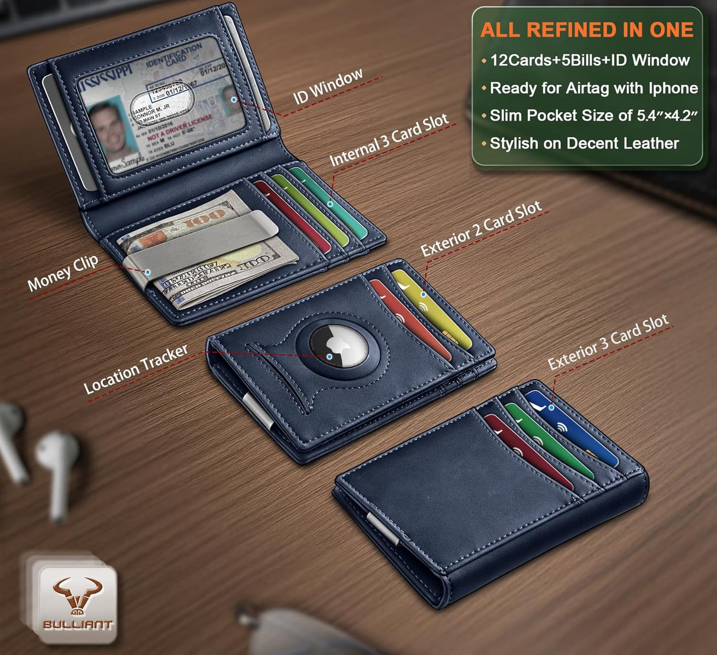 BULLIANT Men Airtag Wallet,Slim Wallet Money Clip Card Holder Magnetic Closure 12 Cards in Front Pocket RFID Blocking