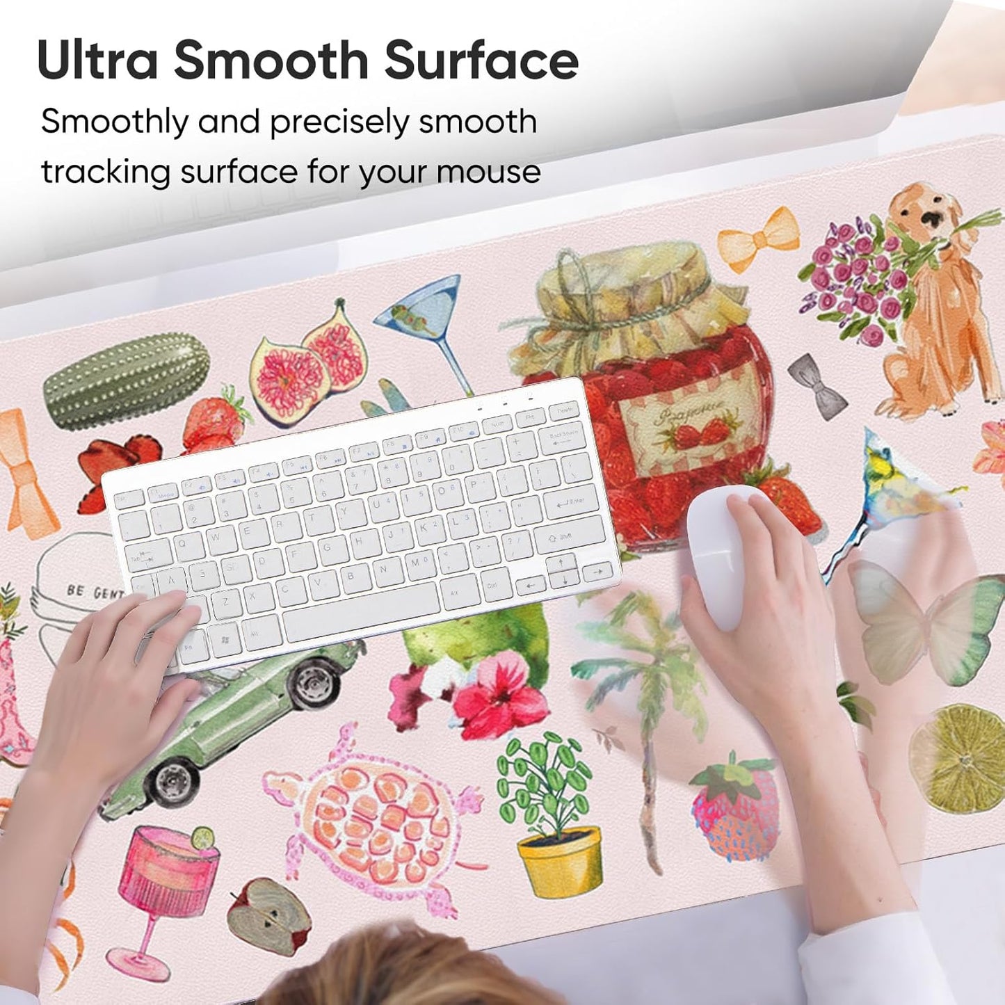 Pink Desk Mat, Leather Desk Pad Blotter Protector, XXL Large Mouse Pad,Computer Laptop Mouse Pads for Desktop,Waterproof Writing Anti-Slip Mousepad for Office and Home I Colorful Stickers