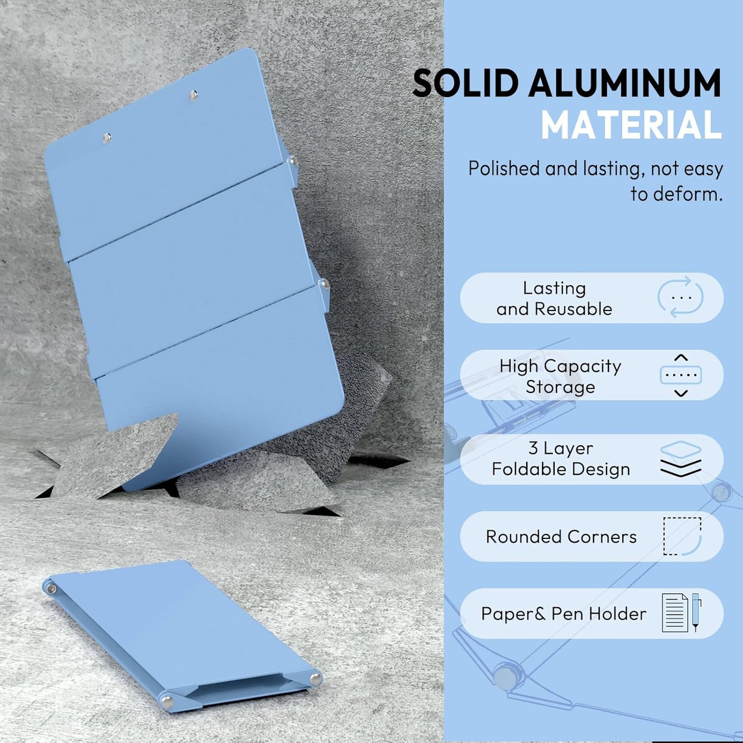 Nursing Clipboard Foldable, Foldable Clipboard w/Nursing Edition Cheat Charts,3 Layers Aluminum, Nurse Clip Board w/Low Profile Clip&Pen Clip Pocket for Nurses and Doctors,Light Blue