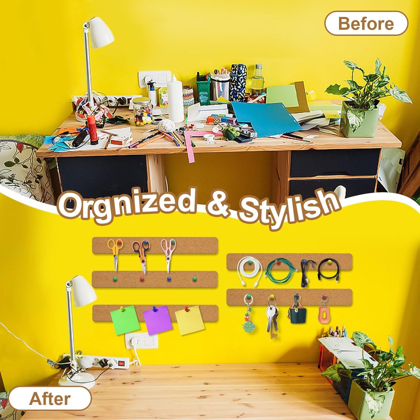 6 Pack Corkboard Strips for Walls, Self Adhesive Thick Cork Board Strips, Peel and Stick Cork Board with 50 Push Pins for Paste Notes, Photos, Schedules