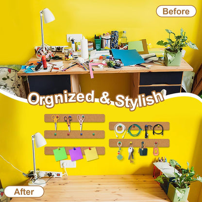 6 Pack Corkboard Strips for Walls, Self Adhesive Thick Cork Board Strips, Peel and Stick Cork Board with 50 Push Pins for Paste Notes, Photos, Schedules