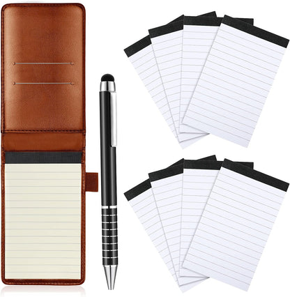 Outus 10 Pcs Mini Pocket Notepad Holder Set Included Small Leather Pocket Notebook Holder with 50 Lined Sheets, Metal Pen, 8 Pcs 3 x 5 Inch Memo Book Refills, 30 Lined Paper Per Note Pad (Black)