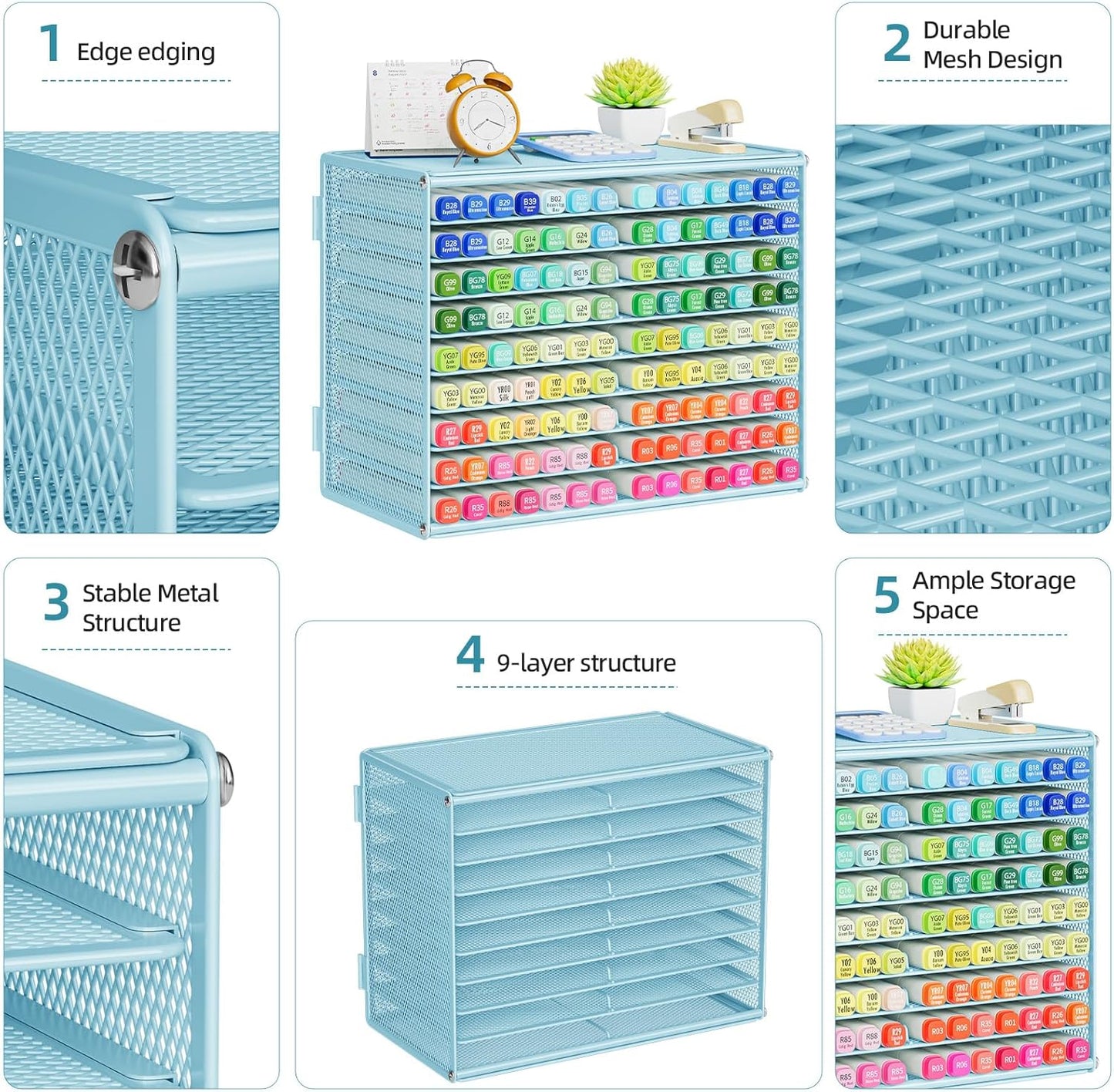 Marbrasse Mesh Marker Organizer, Metal Desktop Storage Rack for 126 Markers, Pens, Pencils, 9 Tier Marker Holder for Office Classroom & Home Art Supplies(Black)