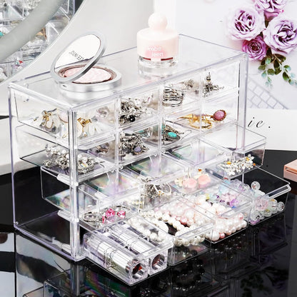 Desk Storage Organizer with 16 Mini Drawers, FODIENS Stackable Desktop Craft Drawer Cabinet, Clear Storage Box Caddy for Makeup Jewelry Office Craft Supplies