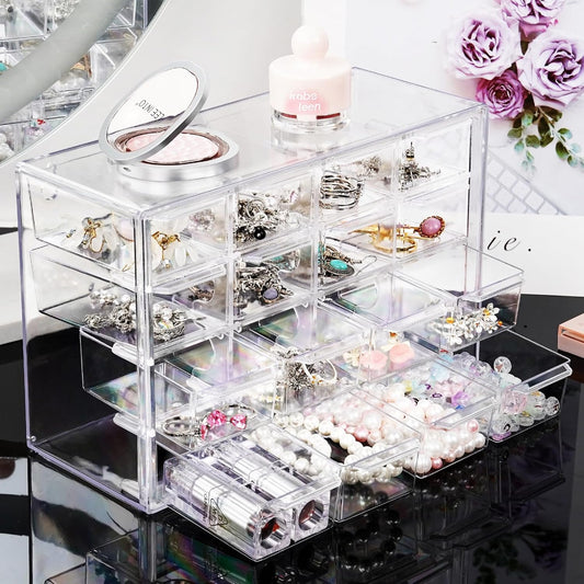 Desk Storage Organizer with 16 Mini Drawers, FODIENS Stackable Desktop Craft Drawer Cabinet, Clear Storage Box Caddy for Makeup Jewelry Office Craft Supplies