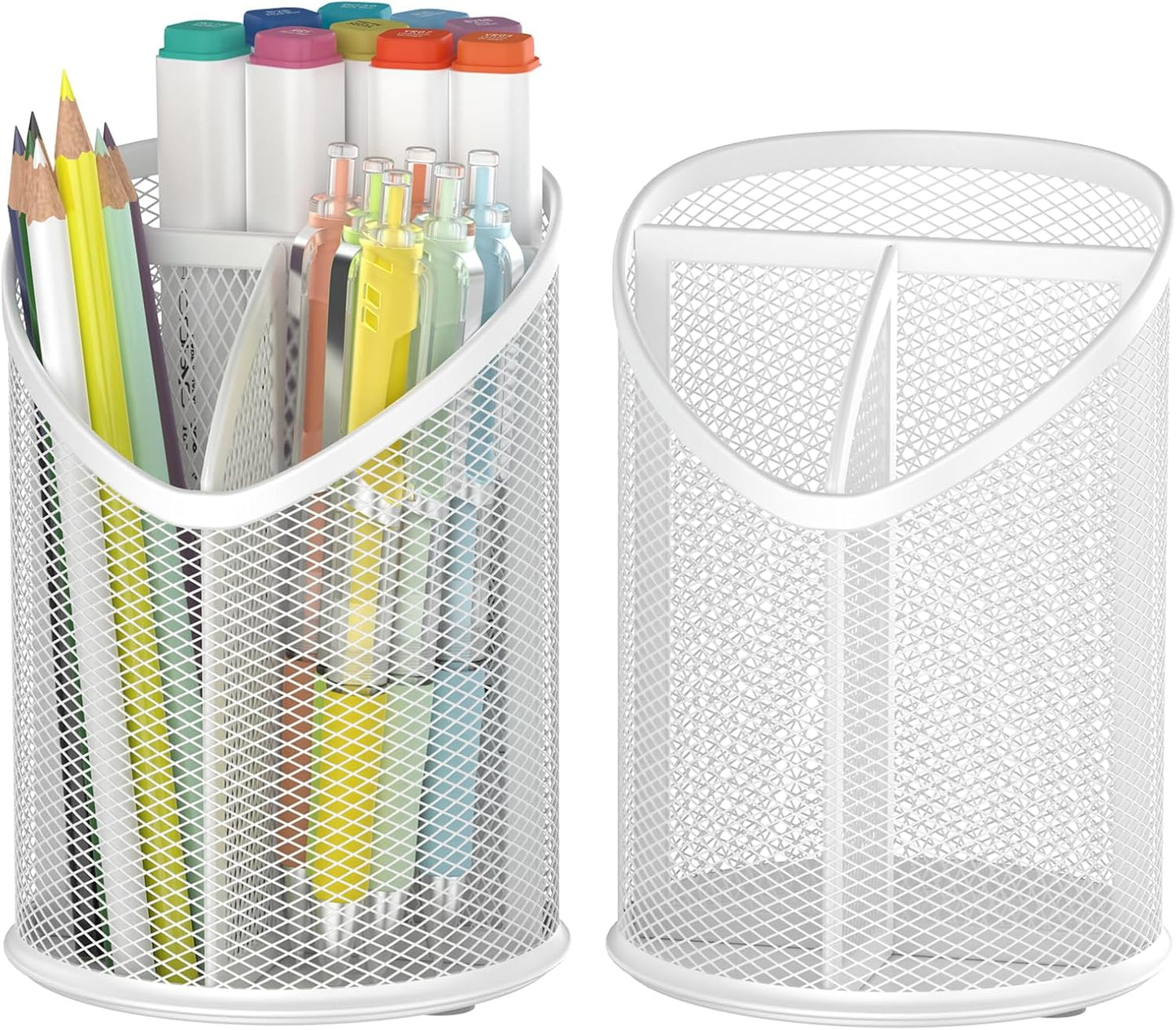 Delifox 2 Pack Pen Holder Mesh Round Pencil Holder Desktop Organizer 3 Compartments, Black