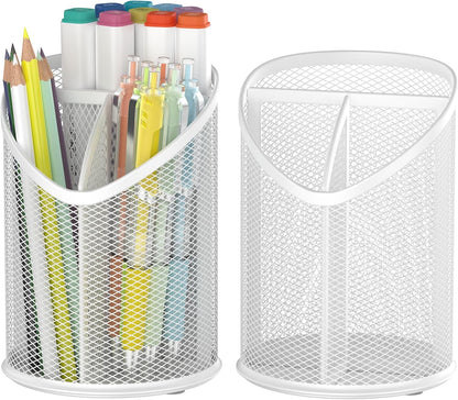 Delifox 2 Pack Pen Holder Mesh Round Pencil Holder Desktop Organizer 3 Compartments, Black