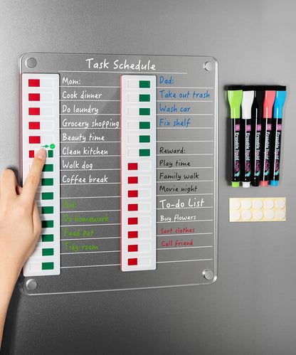 Magnetic Acrylic Dry Erase Board for Fridge, to Do List White Board with Sliding Buttons, 12"X8.2" Clear Chore Chart for Adults, Reusable Refrigerator Whiteboard Includes 5 Markers (White Line)