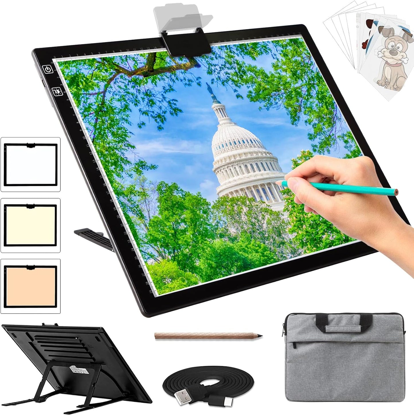 Rechargeable A4 Light Pad - Stepless Dimmable 6 Levels Brightness Tracing Light Box, Diamond Painting Light Board with Top Clip, Battery Powered Portable Light Pad for Weeding Vinyl Tracing