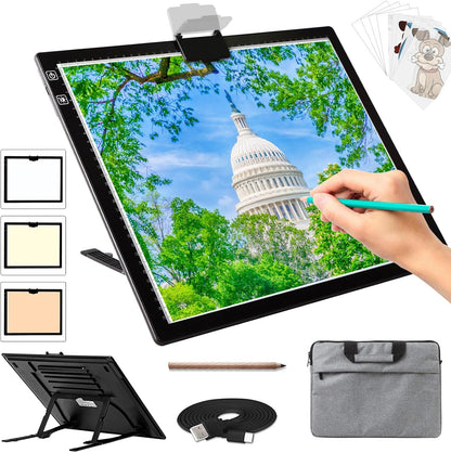 Rechargeable A4 Light Pad - Stepless Dimmable 6 Levels Brightness Tracing Light Box, Diamond Painting Light Board with Top Clip, Battery Powered Portable Light Pad for Weeding Vinyl Tracing