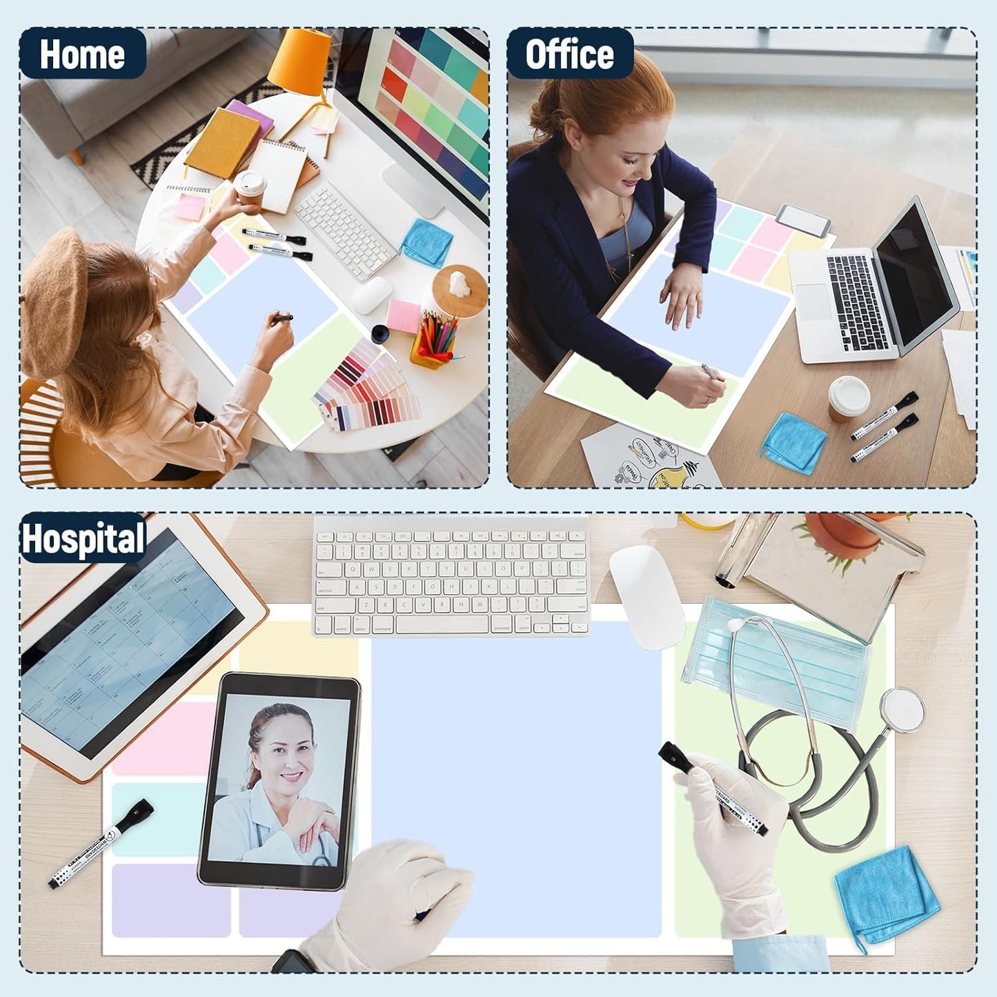 Dry Erase Desk Mat, Large Mouse Pad, Erasable Writing White Board for Making Plans, Self Adhesive Desktop Protector with 2 Wet Erase Markers & 1 Eraser for Home Office School 36"x16" (Pink Blue)