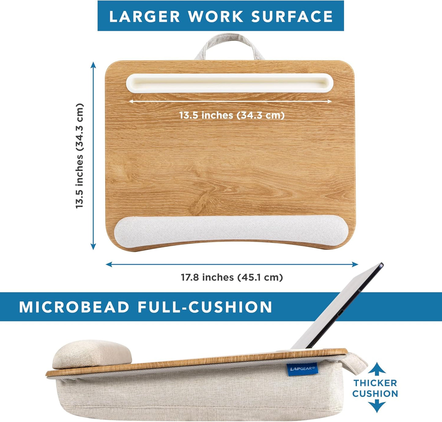 LAPGEAR Portable Laptop Lap Desk with Pillow Cushion, Anti-Slip Strip, Tablet or Phone Storage Slot, Pen and Pencil Pocket, and Wrist Rest - Espresso Woodgrain - Fits 15.6" Laptops - Style No. 91342
