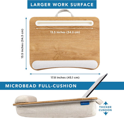 LAPGEAR Portable Laptop Lap Desk with Pillow Cushion, Anti-Slip Strip, Tablet or Phone Storage Slot, Pen and Pencil Pocket, and Wrist Rest - Espresso Woodgrain - Fits 15.6" Laptops - Style No. 91342