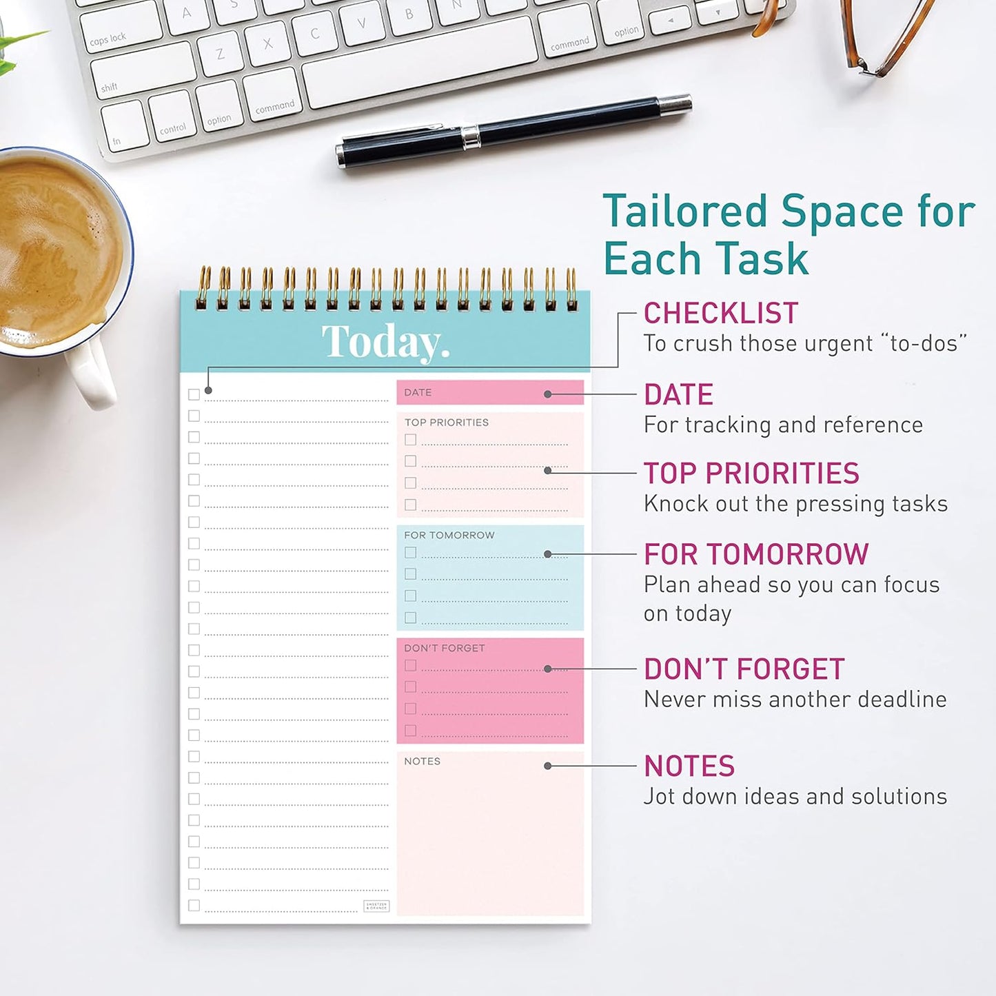 Sweetzer & Orange Daily & Weekly To Do List Notepad – Undated Work Planner & Organizer with Wish List Section, 52-Sheet Coiled Task Pad for Productivity – MAUVE To Do List Notebook for Work