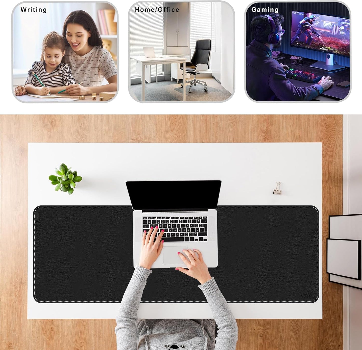 Vyaaa PU Leather & Cork Desk Mat, 39.4"x15.7" Dual Sided Computer Desk mat, Waterproof Large Mouse Pad, Non-Slip Office Desk pad, Office Desk Protector for Work/Gaming/Home (Black)